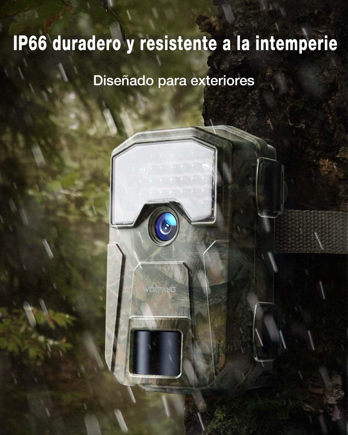 WOLFANG Cámara de Caza, Camara Fototrampeo 48MP 4K HD, Nocturna 940 NM LED IR Sin Brillo con 0,3s Activación, Cámara Caza Impermeable IP66 para Vida Silvestre y Monitoreo de Seguridad WT01