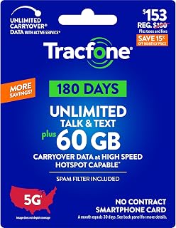 Tracfone $153 Unlimited Talk & Text, 60 GB of Data / 180 Days (Physical Card)