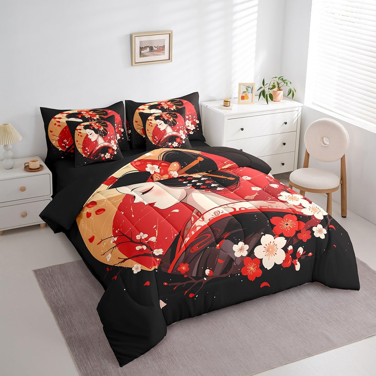 Japanese Comforter Set 7-Piece Ukiyo Style King Bedding Set Geisha Cherry Blossom Bed In A Bag Japan Ink Pattern Fitted Sheet Boys Teens