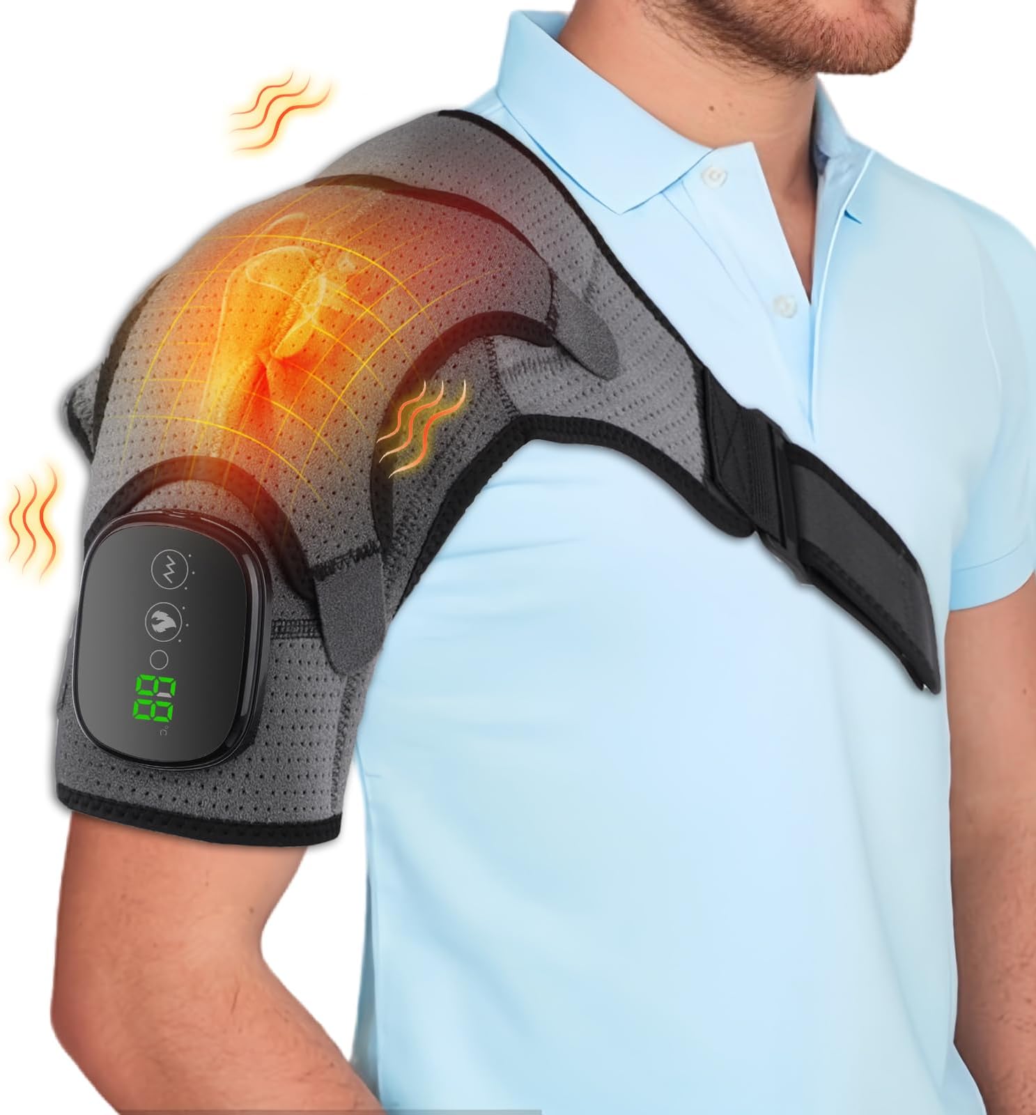 AGWIM Cordless Heated Shoulder Brace Wrap, Heating Pad with Massage, 3 Heat & Vibration, 5000mAh Battery Powered, Shoulder Massager for Men Women