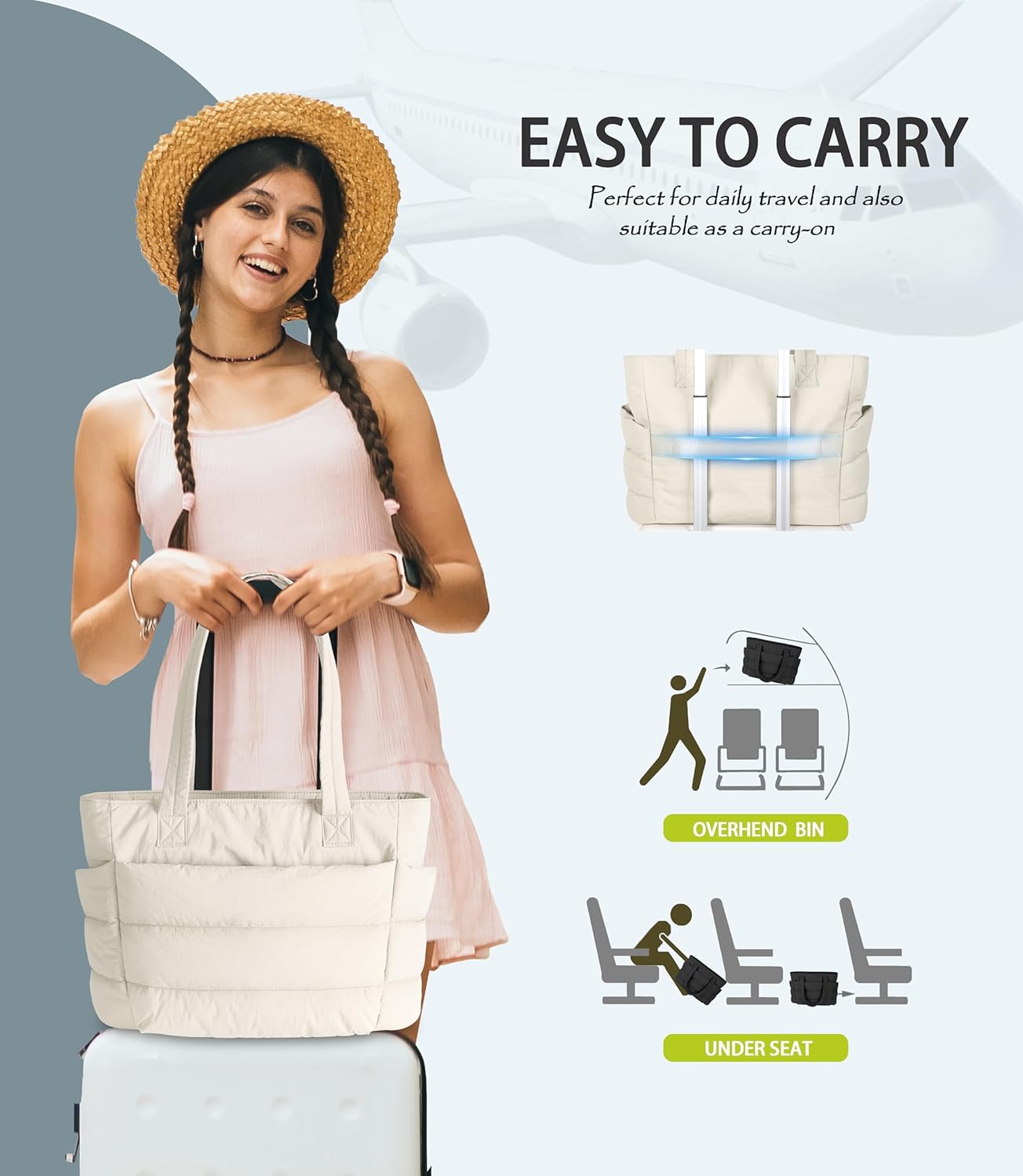 Puffer Tote Bag for Women, Cute Quilted Carryall with Zippered Compartments Shoulder Bag Handbag for Work, Travel, Gym - Image 6