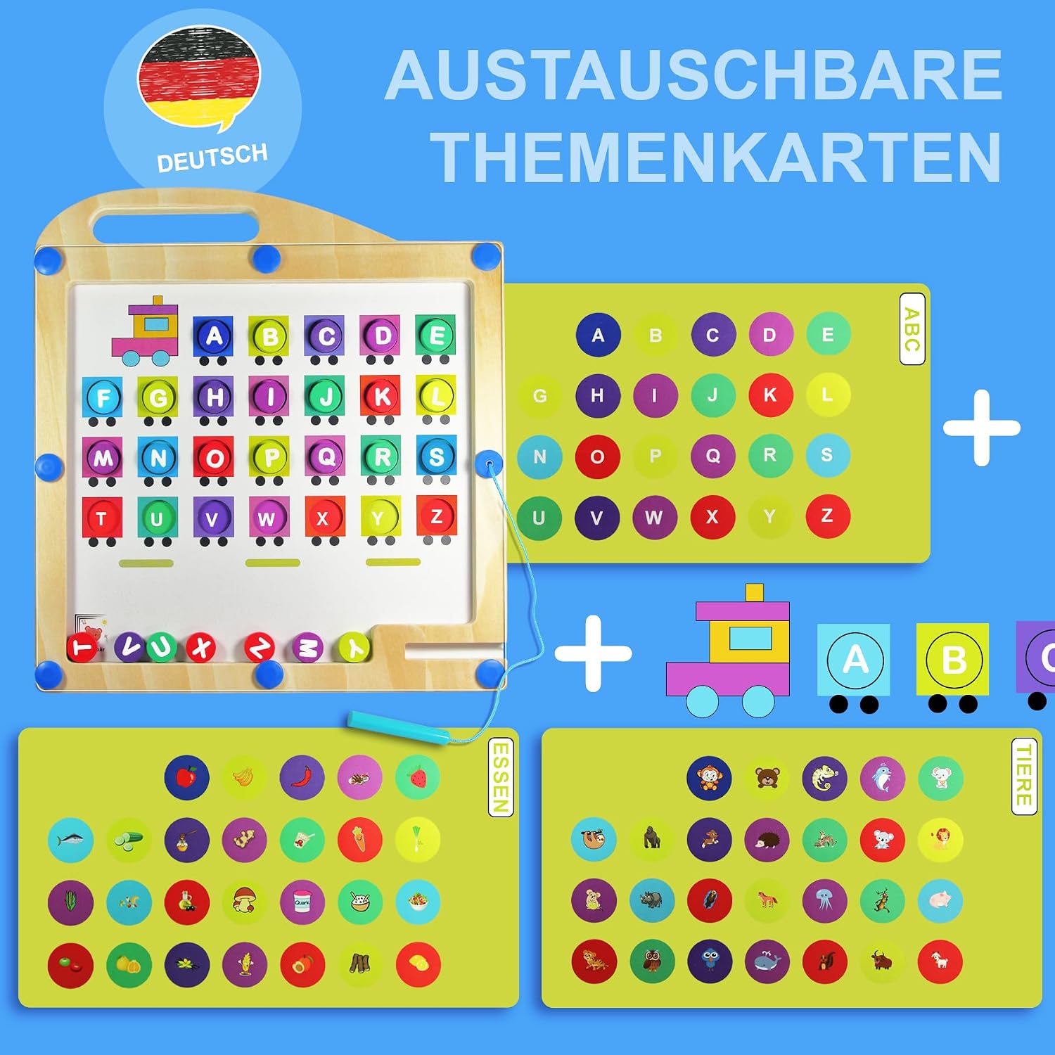 Magnetisches Alphabet Labyrinth 3‑in‑1 Montessori Lernspiel – Holz, austauschbare Themenkarten (ABC, Tiere, Essen)