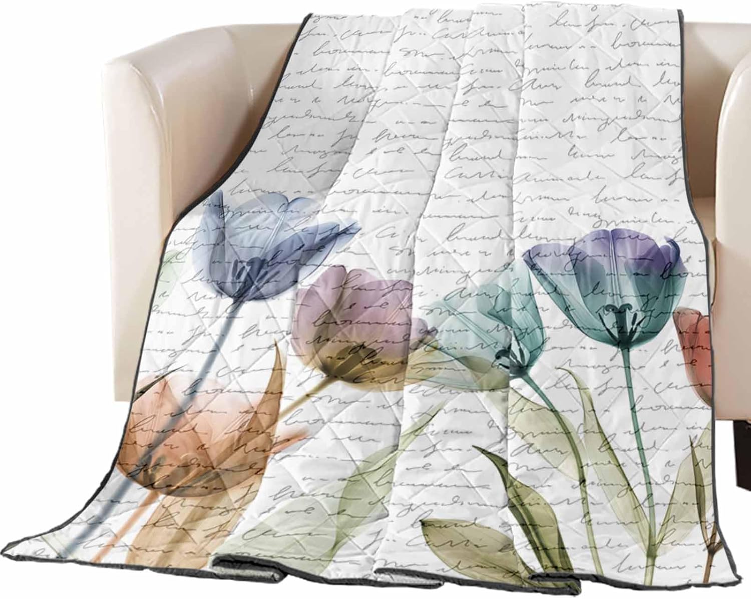 T&H XHome Quilt California King Luxury Quilted Comforter Bedspread-Thin Soft Cozy, Colorful Watercolor Tulip Flower Text Design Reversible Stitched Lightweight Quilt Coverlet for All Season