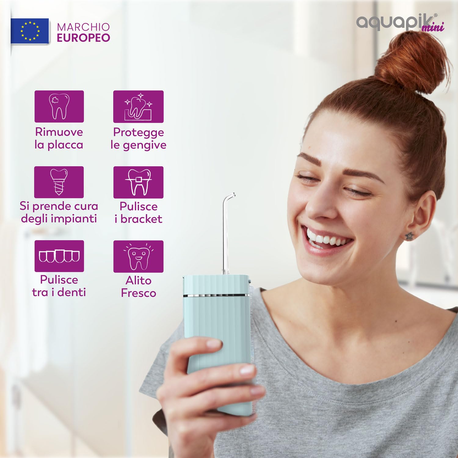 Idropulsore dentale portatile AQmini - 3 modalità, 4 ugelli, serbatoio 200 ml, USB-C, IPX7, compatto per viaggio, ufficio, gengive sensibili