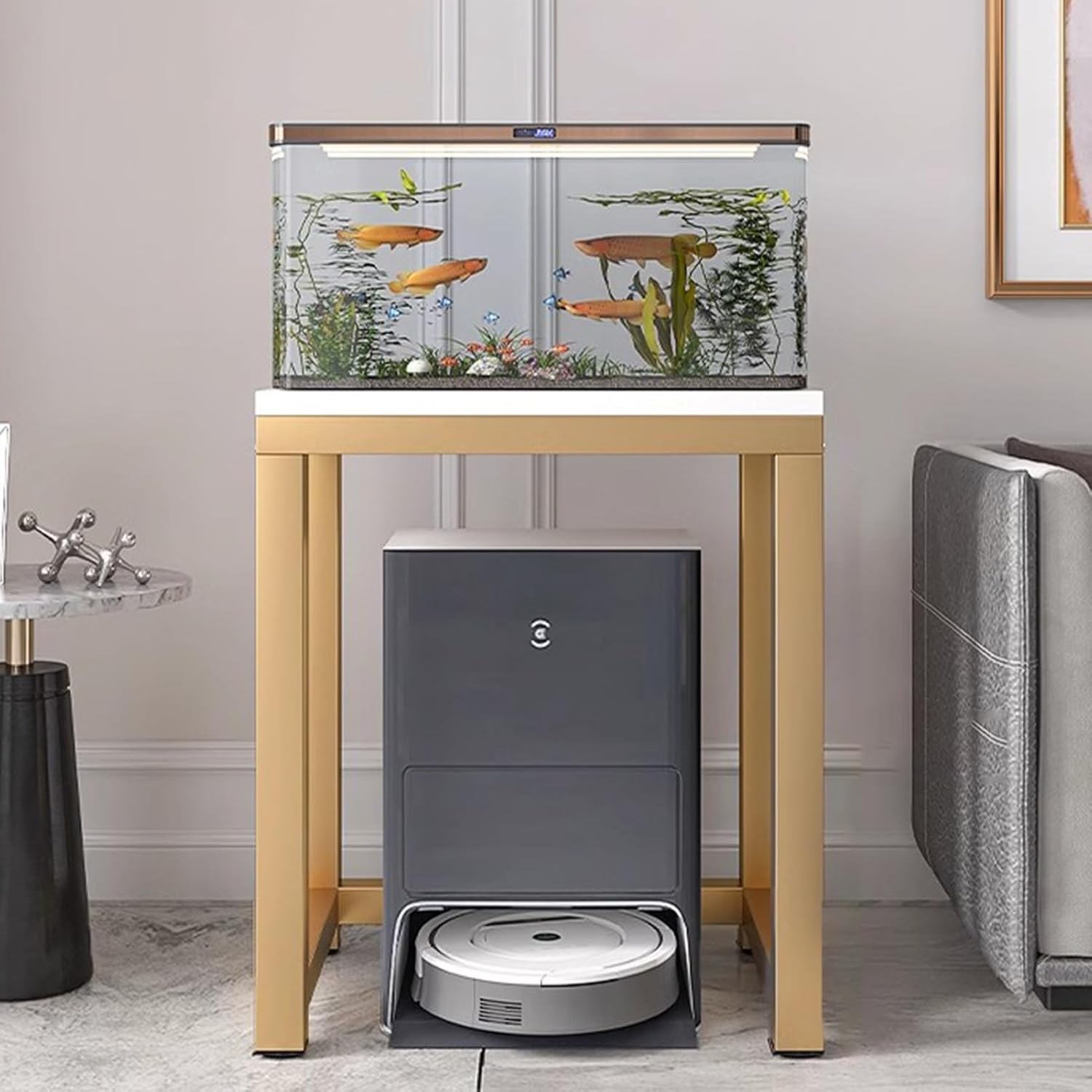 Fish Tank Stand Heavy Duty Fish Tank Table for Home, Decorative Aquarium Bracket for Storage Sweeping Robot, Floor Standing Turtle Shelf Rack Holder with Gold Frame(White,