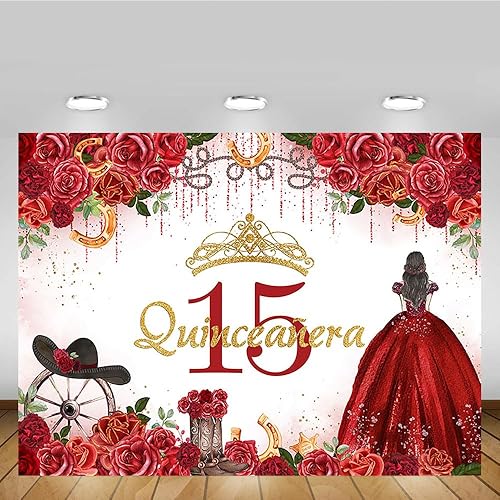 Miniatura 5 de MEHOFOND Telón de fondo de quinceañera de cumpleaños de 15 para niña, dulce de 15 años, corona floral roja, fondo de fotografía, fondo de fotografía