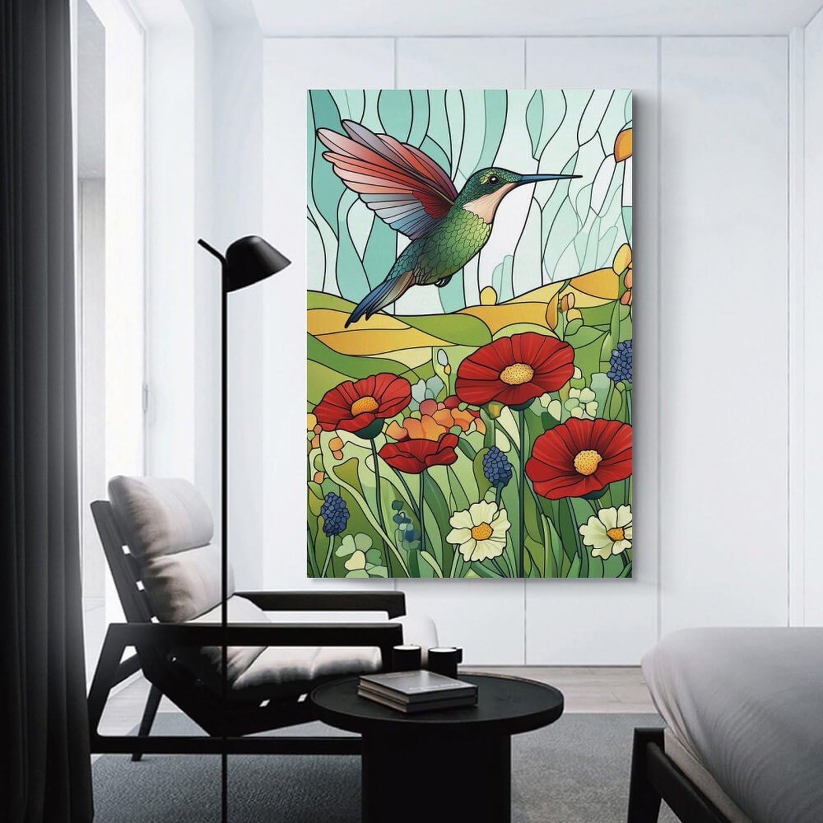 Junmoney Unframe-Style-5 Canvas Art Print Hummingbird In Flower Garden, 20X30inch(50X75cm), For Office, Study Or Home Workspace, Wall Art That Adds Style To Work Areas