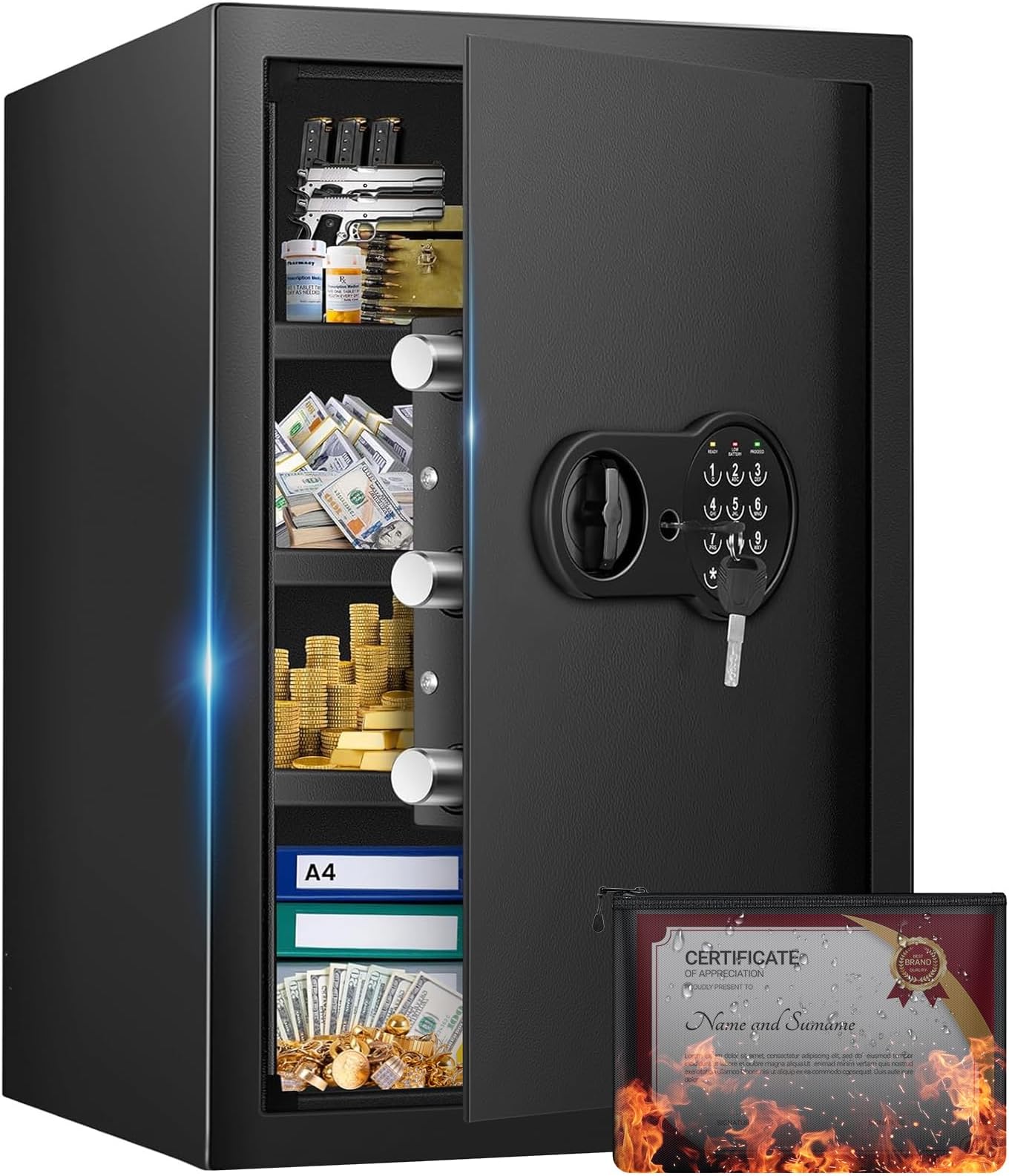 Mitlvge 23.62'' Tall Extra Large Home Safe Box, Safe with Fireproof Waterproof Document Bag, Digital Keypad and 3 Removable Steel Shelves, Security Box for Money Medicines Jewelry Valuables