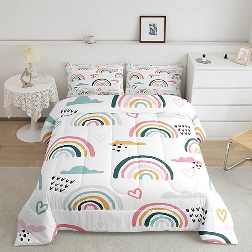 Juego de edredón de arco iris, juego de ropa de cama de arcoíris de dibujos animados, tamaño individual para niños, niñas, guardería, niños