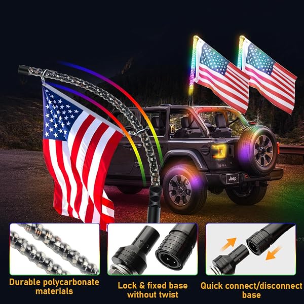 2 Pack 3FT Whip Lights, LED Whip Light with App & Remote Control, Spiral RGB Chasing Lighted Antenna Whips, Whip Light for UTV ATV RZR SXS Can-Am Dune Buggy Offroad Truck (3FT) - 4