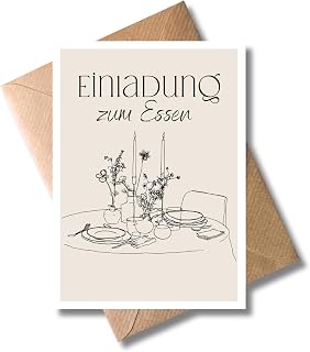 WBdesignz moderne Einladung zum Essen mit Umschlag - Einladungskarte Dinner Date Abendessen - Essenseinladung Karte mit Tisch & Kerzen - gemeinsames Essen - Partner Paare Familie Freunde (DIN A6)