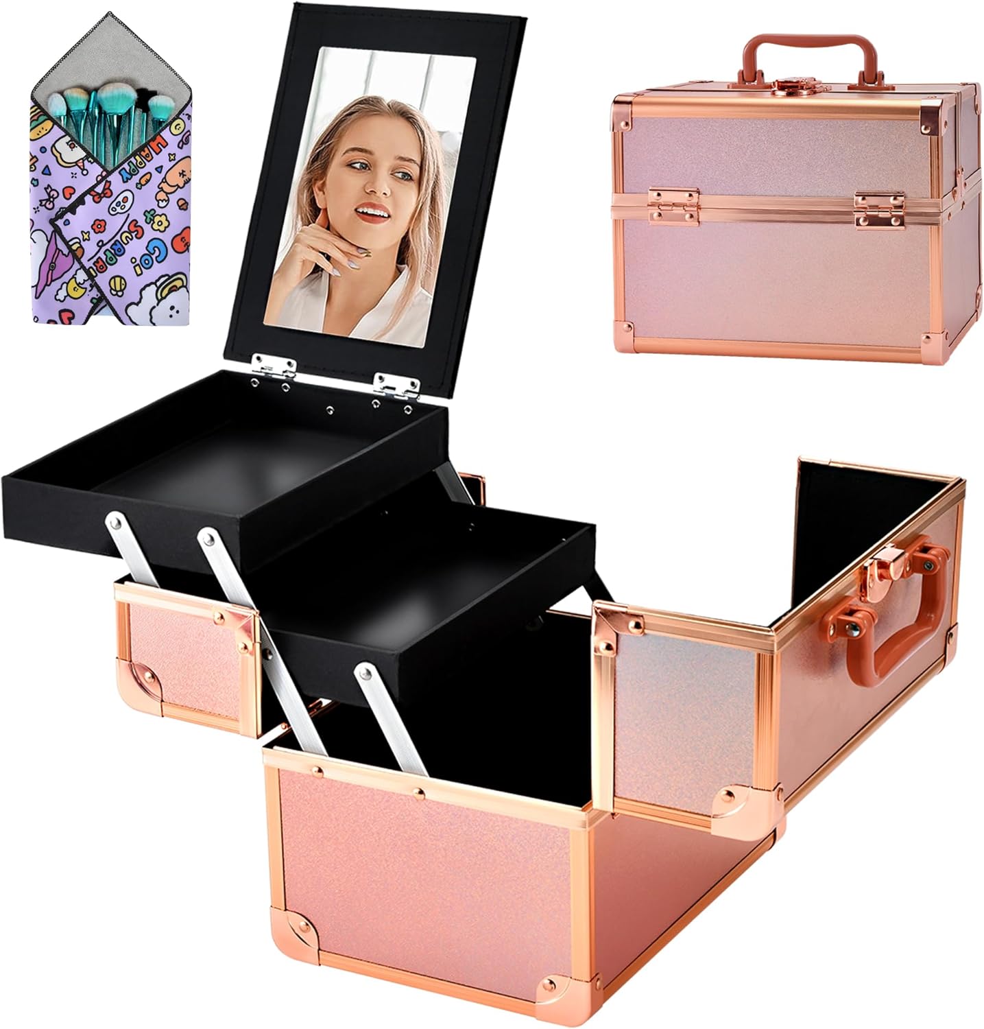 Makeup Train Case, Portable Makeup Case with Mirror, 2-Trays Cosmetic Organizer Case,Nail Polish Organizer, Travel Makeup Box, Profesional for Salon Barber, Rose Gold