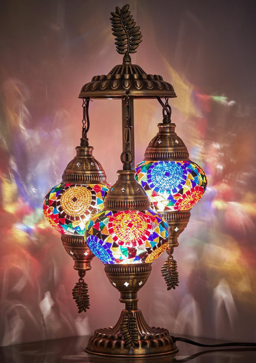 DEMMEX Splendido paralume turco marocchino bohémien a 3 globi da tavolo o comodino da notte, 53,3 cm (multicolore)