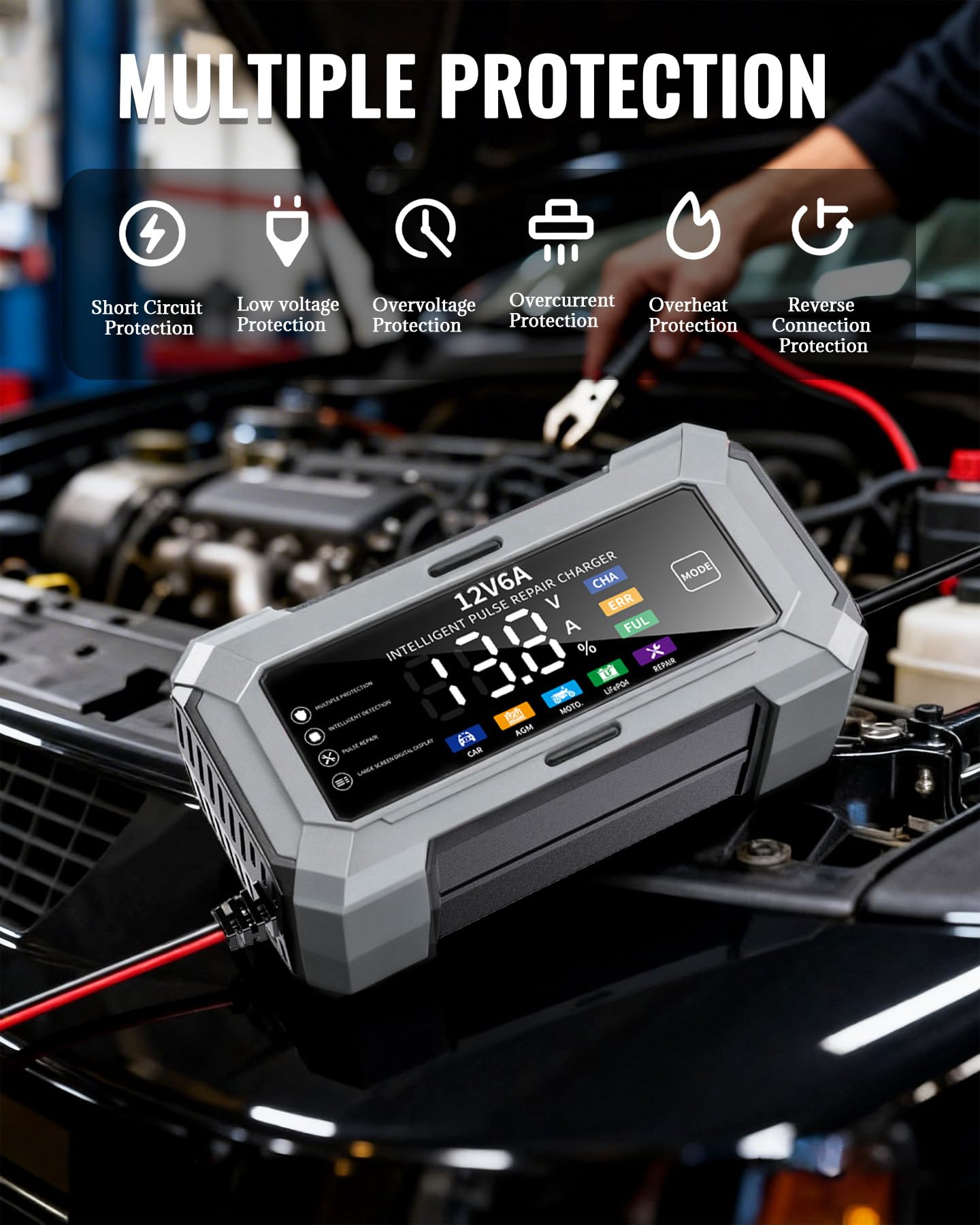 6A 12V Car Battery Charger & Trickle Charger for Car Battery with Pulse Repair & Digital Display, Compatible with CAR AGM MOTO LiFePO4 Batteries - 5
