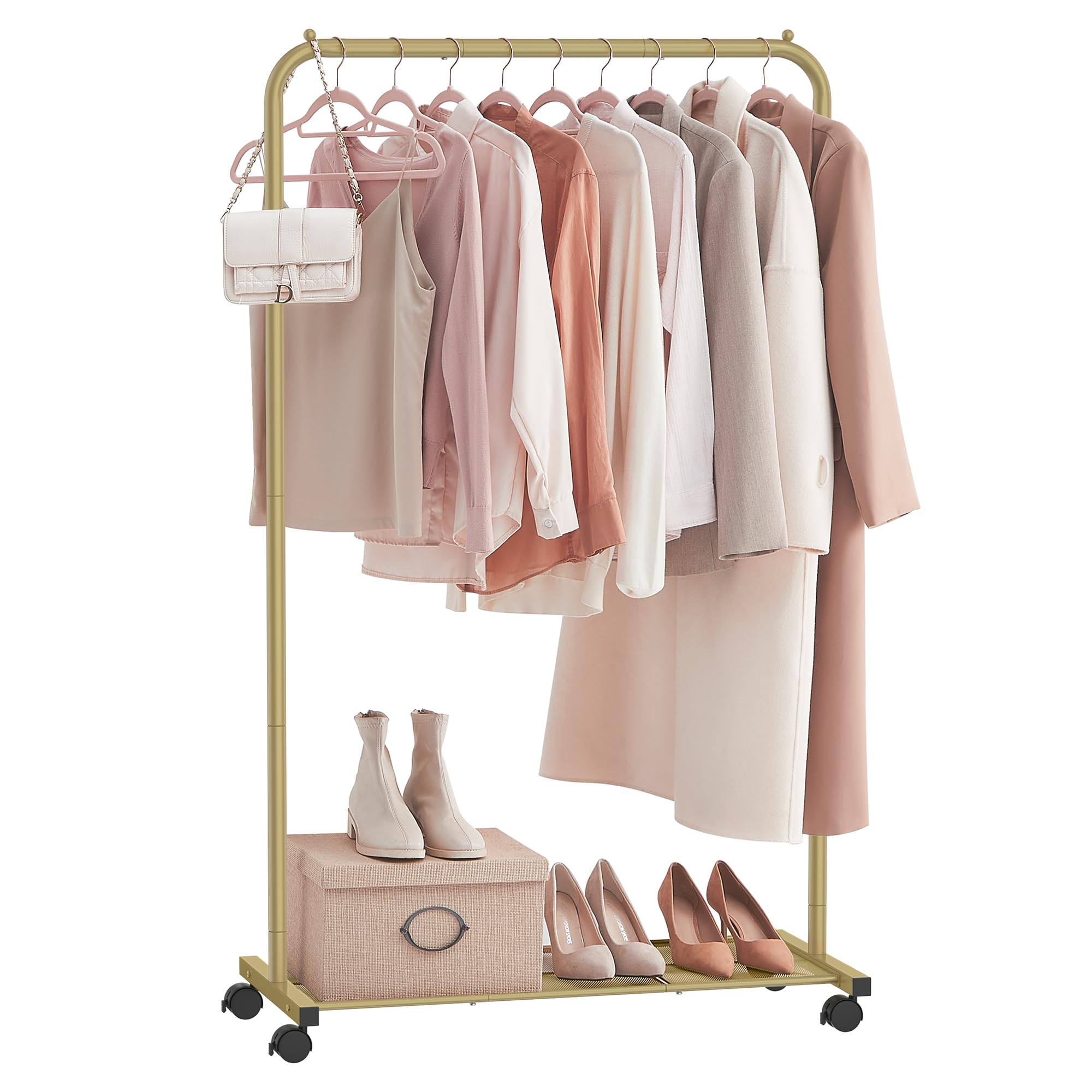 SONGMICS Clothes Rack, Clothes Rail on Wheels, Metal Clothing rail for Bedroom, 91 cm Long Hanging Rail, with Storage Shelf, 2 Lockable Wheels, Top Rail Holds up to 40 kg, Gold HSR025A01