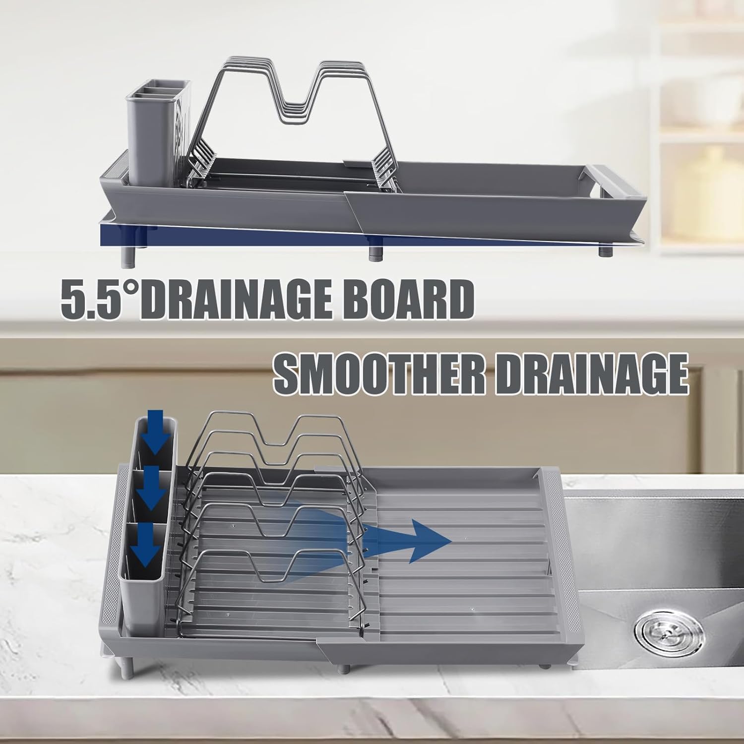 Small Expandable Dish Drying Rack, Adjustable Dish Drainer for Kitchen Counter or in Sink, Stainless Steel Drying Dish Rack, Compact Dish Rack with 3 Slots Utensil Holder,Gray