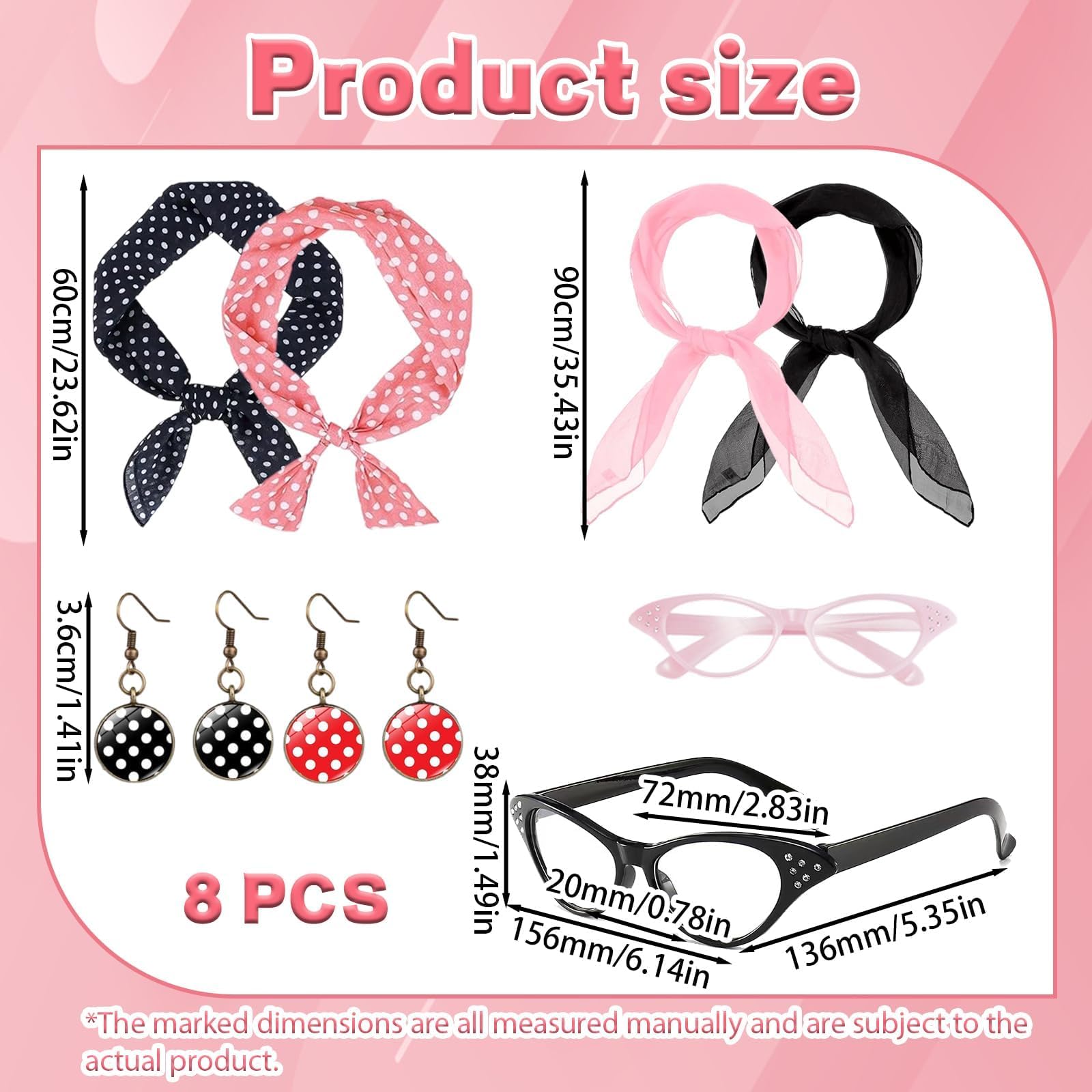 YFHUVB Pink Ladies Fancy Dress Accessories, 50s Ladies' Retro Costume Accessories Cat Glasses Polka Dot Headscarf Earring Set - Image 2