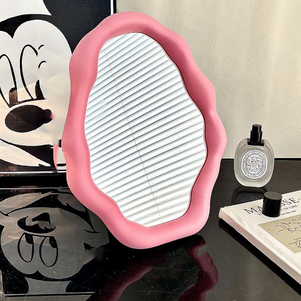 Hosoncovy Desktop Mirror with Stand Irregular Formed Countertop Make-up Mirror Self-importance Mirror Beauty Mirror Ornamental Mirror Wall Hanging Mirror for Bed room Rest room (Pink)