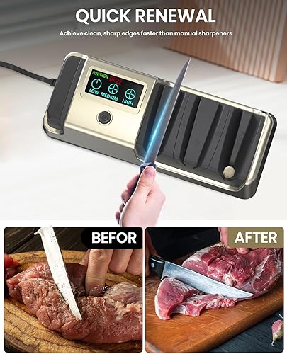 Miniatura 3 de Afilador de cuchillos eléctrico 5 en 1 con pantalla LCD, 3 velocidades de rotación ajustables, 100% abrasivos de diamante para cuchillos de carne
