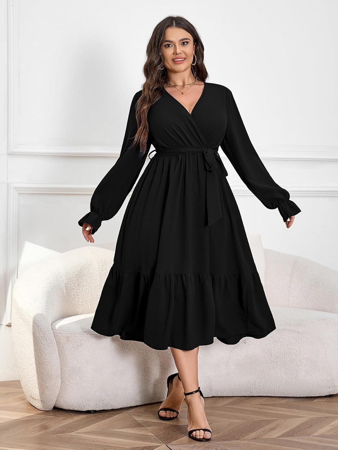 SCOMCHIC Womens Plus Size Wedding Guest Dresses Long Sleeve Faux Wrap V Neck Belted A-Line Flowy Maxi Cocktail Dress - Image 3