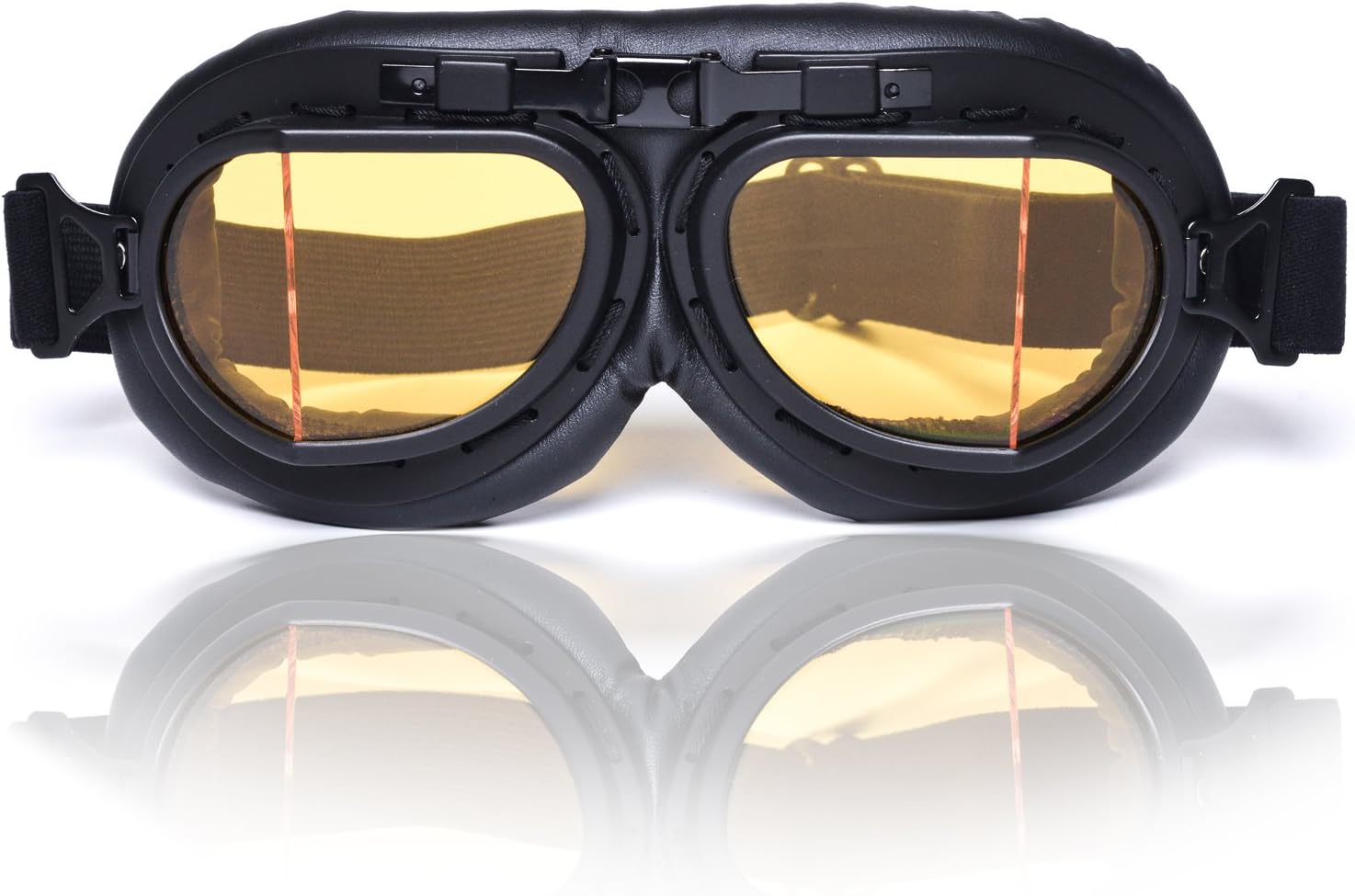 Vintage Aviator Goggles WWII RAF German Retro Pilot Style Cafe Racer Motorcycle Off-Road ATV Scooter Cruiser Touring Half Open Face Helmet Snow Ski Steampunk Hat Glasses (Black 08, Amber)