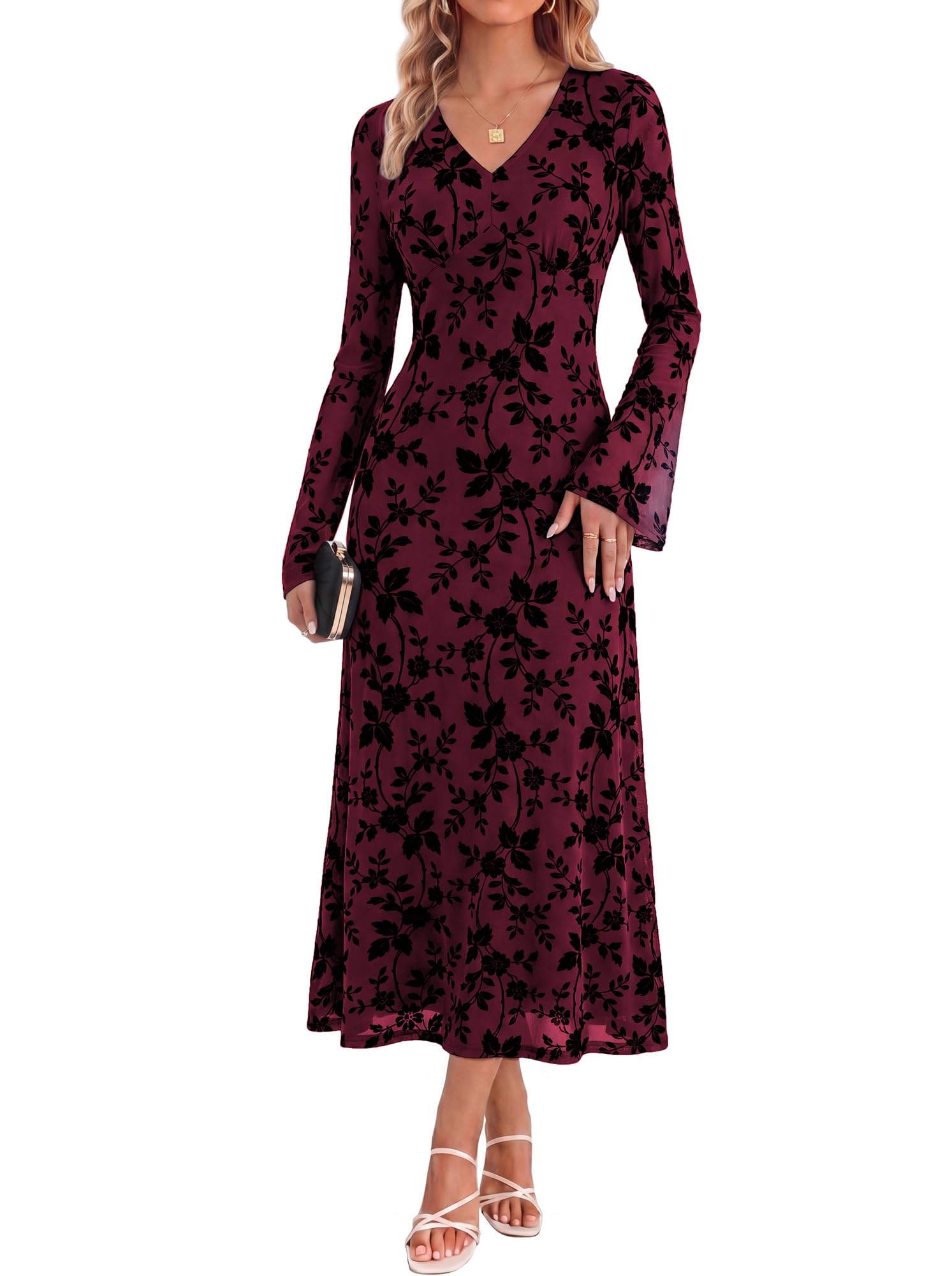 GRACE KARIN Damen Langarm Maxikleid V-Ausschnitt A-Linien Abendkleid