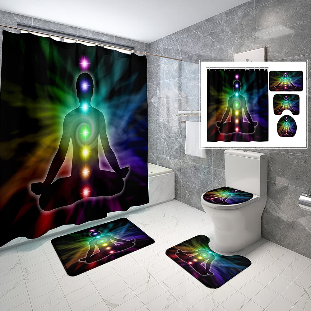 4 Piece Chakra Waterproof Fabric Bathroom Sets with Non-Slip Rugs, Toilet Lid Cover and Bath Mat, Waterproof Shower Curtain with Standard Size