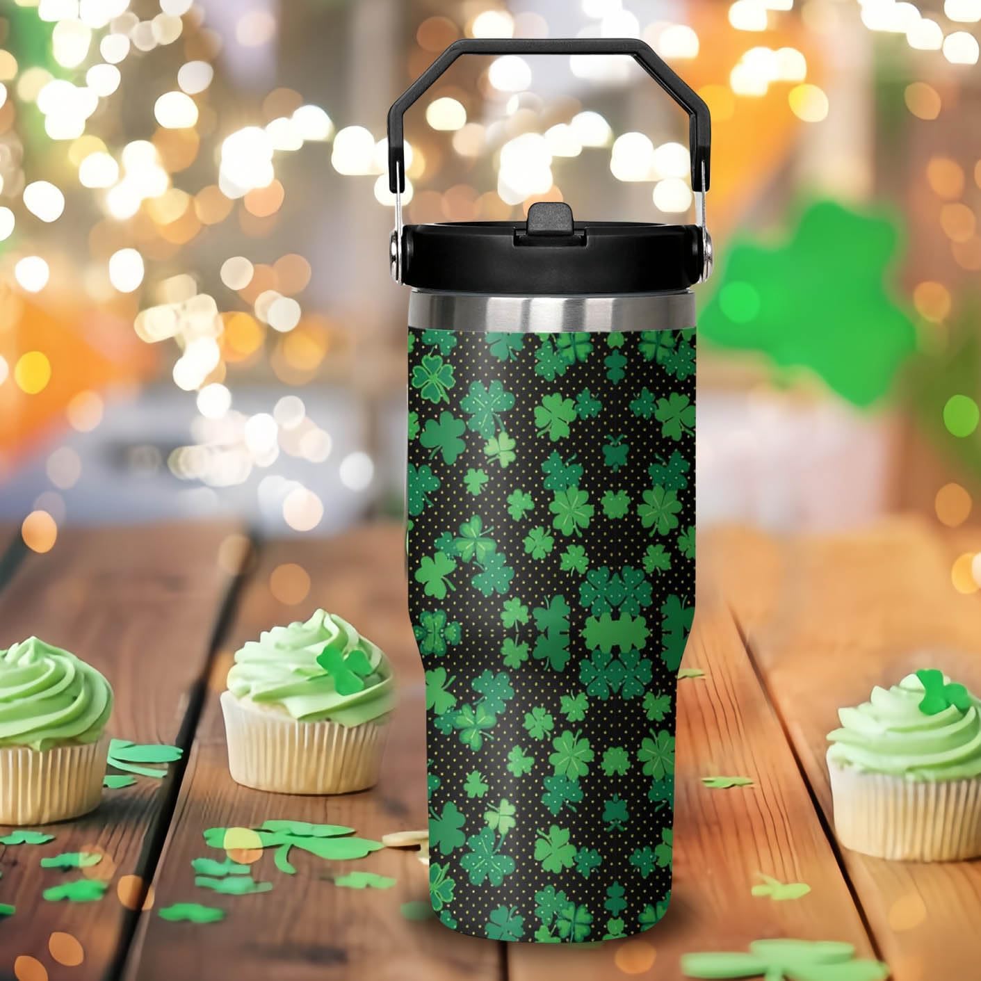 30oz St Patricks Day Tumbler with Handle and Flip Straw, Green Irish Shamrocks Stainless Steel Vacuum Insulated Cup, Travel Mug Water Bottle, Gifts for Women Men - Image 7