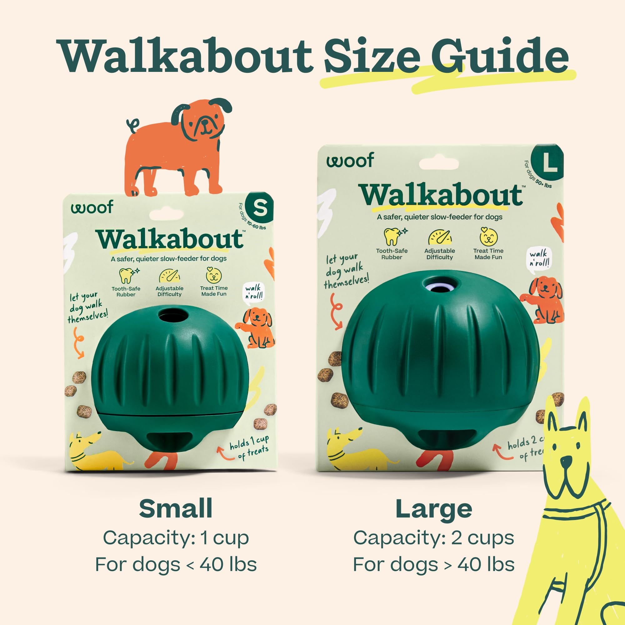 Woof Walkabout Dog Puzzle Treat Dispenser giocattolo per cani 18,1 kg in su | Aperture regolabili per crocchette e dolcetti, gomma resistente, lavabile in lavastoviglie, facile da pulire