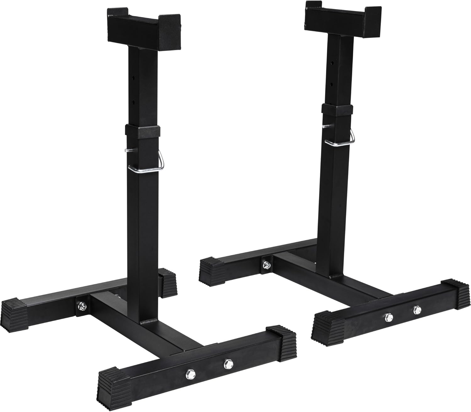 Two GORILLA SPORTS squat rack stands adjusted to a higher height.