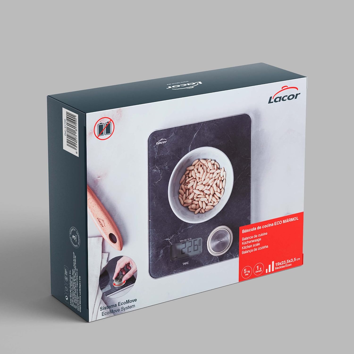 Lacor - 61720 - Kitchen Scales Eco Marble Effect, Without Batteries or Batteries, EcoMove System, 4 mm Extra Flat Tempered Glass, LCD, Tare Function, 19 x 23.5 x 3.5 cm