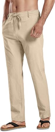 HOTake Mens Linen Dress Pants Casual Flat Front Linen Trousers Summer Beach Pants