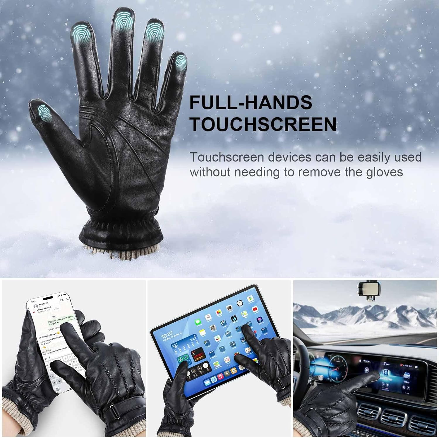 Mens Winter Gloves: Touchscreen Wool Lined Thermal Leather Gloves, Warm Gift for Father, Husband - Black - Image 2