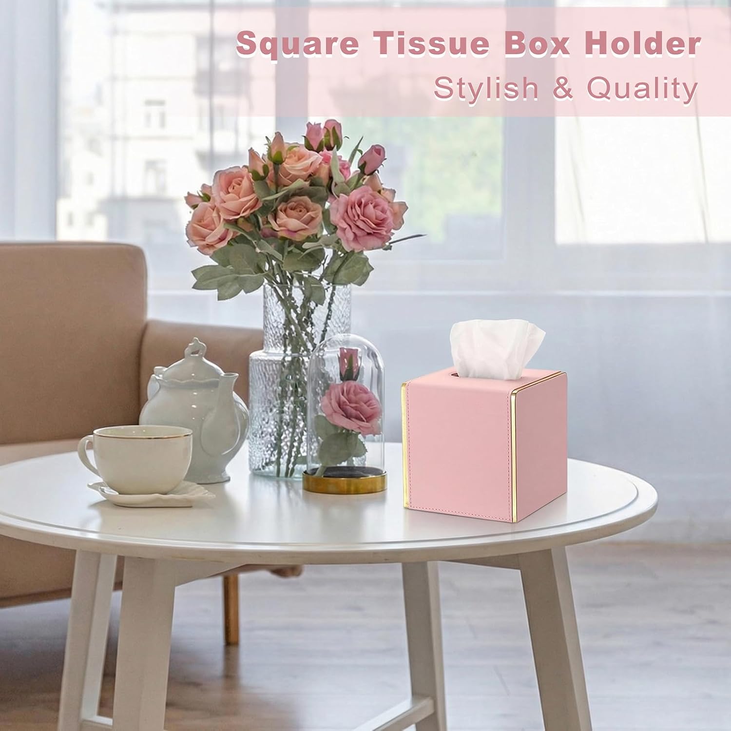 Sumnacon PU Square Tissue Box Cover, Magnetic Bottom, Waterproof, Pink image 3