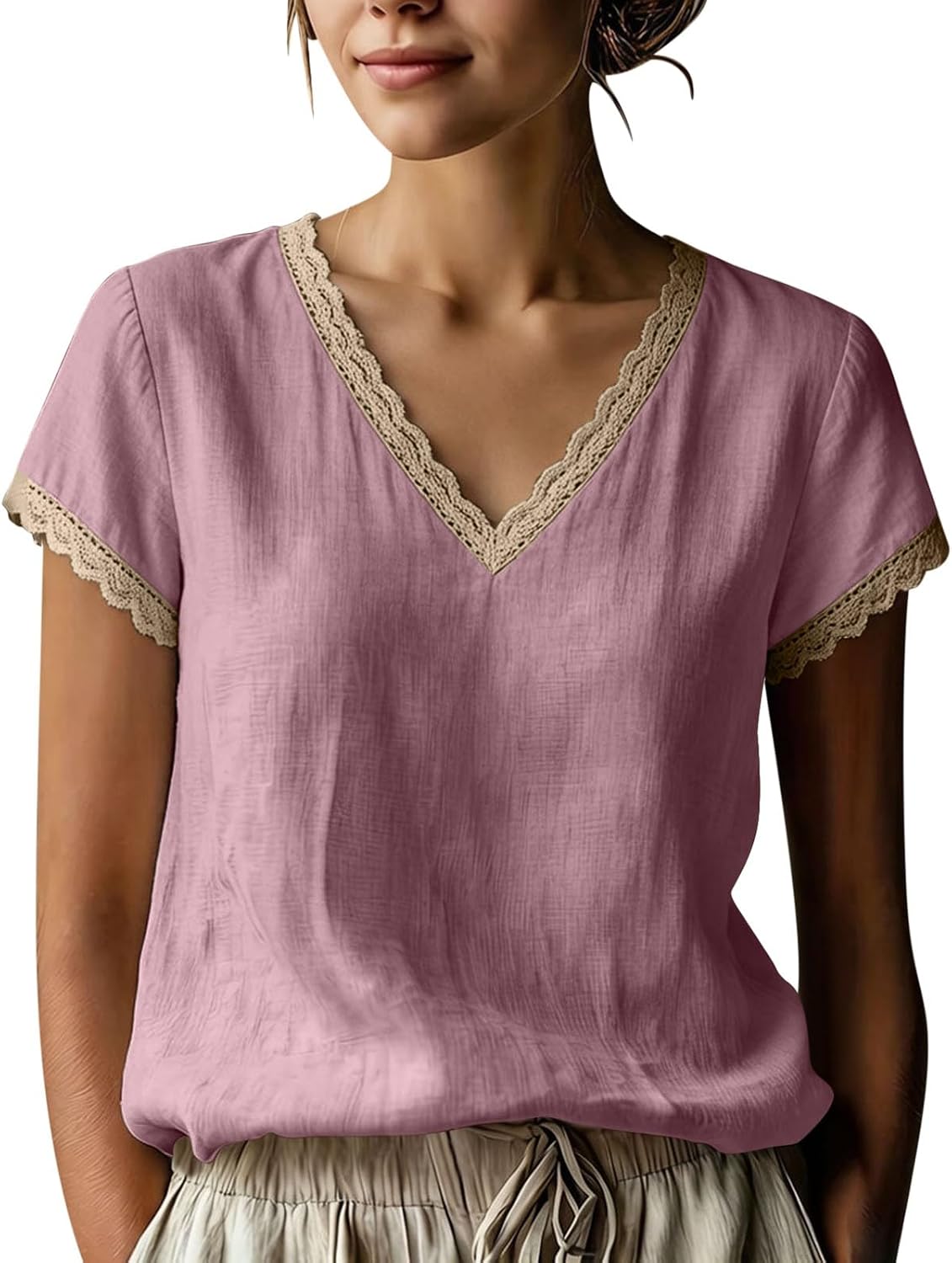 Linen Tops for Women Lace Trim V Neck Cotton Gauze Shirts Summer Vacation Boho Cap Sleeve Dressy Casual Blouses