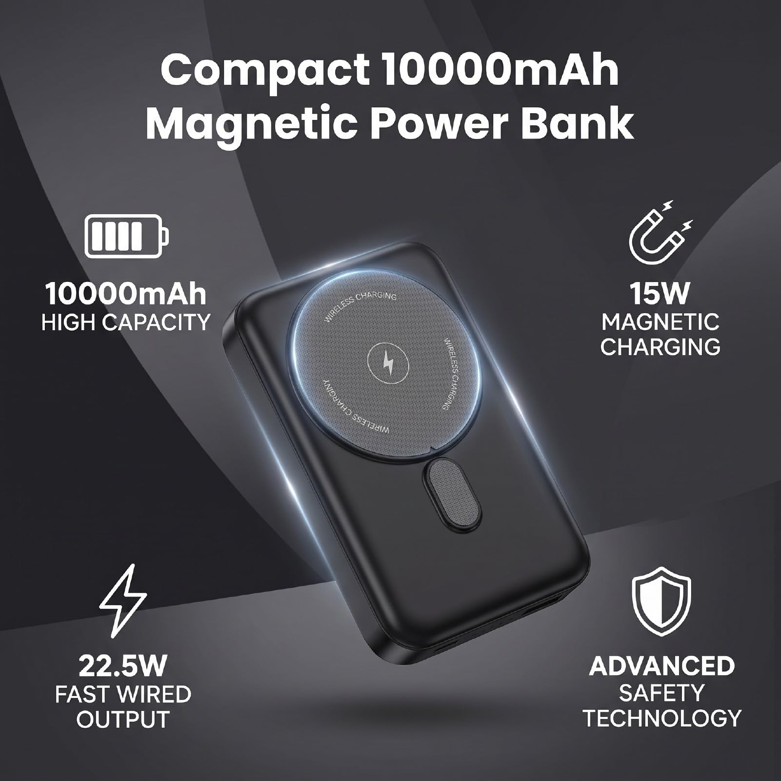 Qcwwy Batterie Externe Magnétique, Chargeur Portable sans Fil, 10000mAh