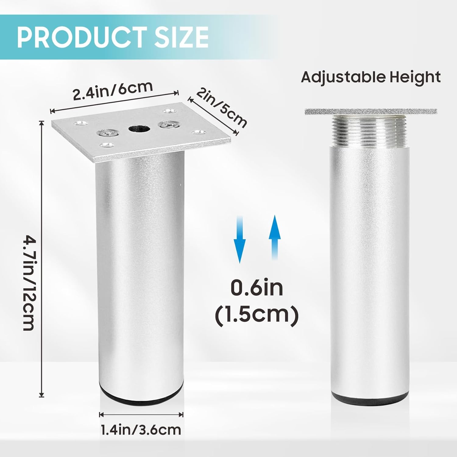 4Pcs Adjustable Furniture Legs Silver Metal Sofa feet Aluminum Alloy Couch Legs Wardrobe Foot Bed Feet Furniture Replacement Legs (Silver, 12cm) - Image 5