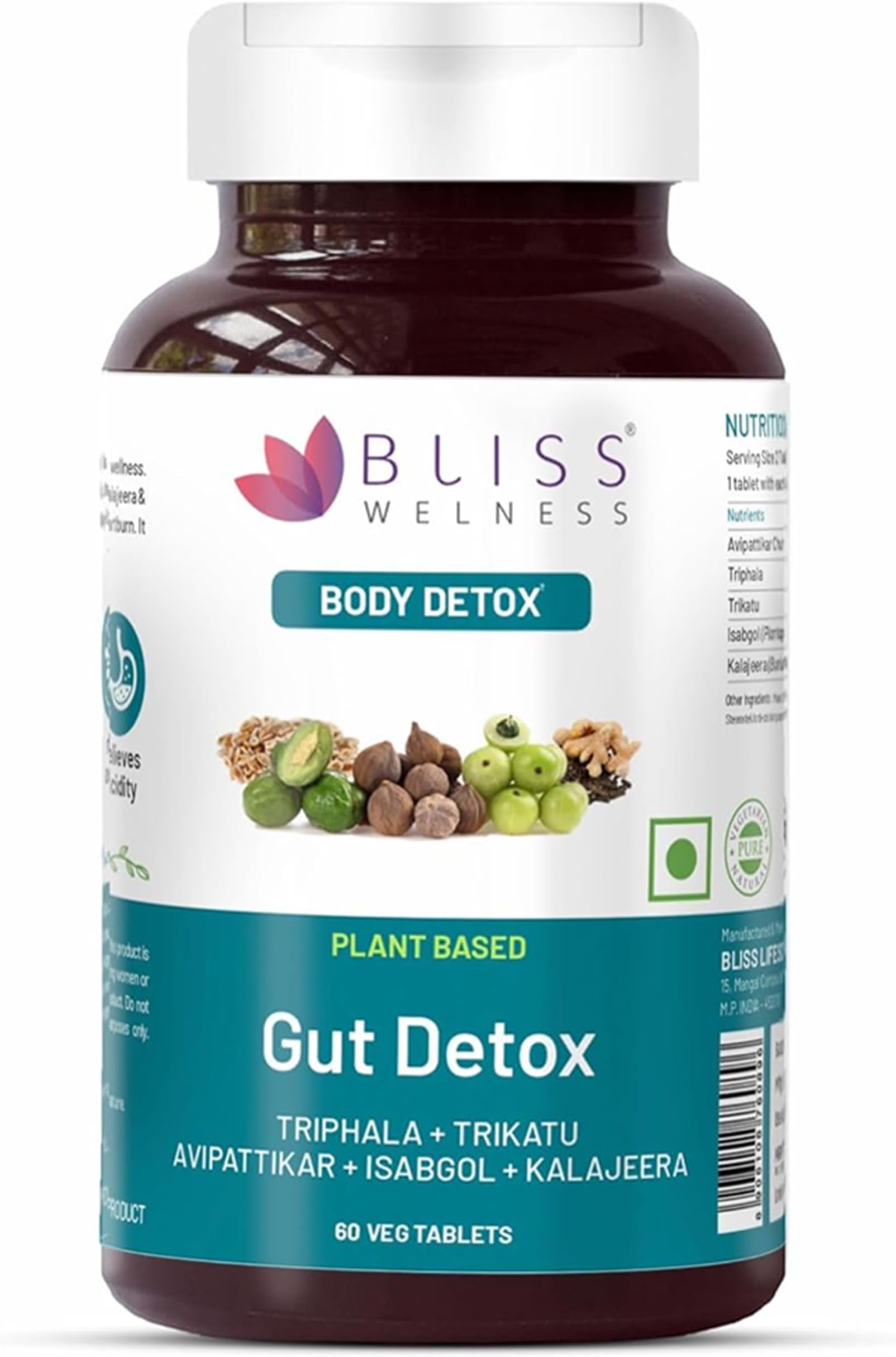 Bliss Welness Gut Detox Trikatu,Isabgol,Triphala,Avipattikar,Kalajeera Health Cleanse Purify,Stomach Cleanse Purify,Digestion Metabolism Toxin Removal Acidity Gas Control Supplement-60 Veg Tablets