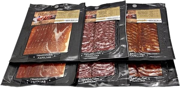 aBeiou Assorted Slice Duroc and Ibericos of Ghana 2 Cases Gran Reserva Ham + 25 Months 2 Chorizo Iberian Acorn and 2 Iberian Acorn Sausages. 600 g in 6 x 100 g - 3