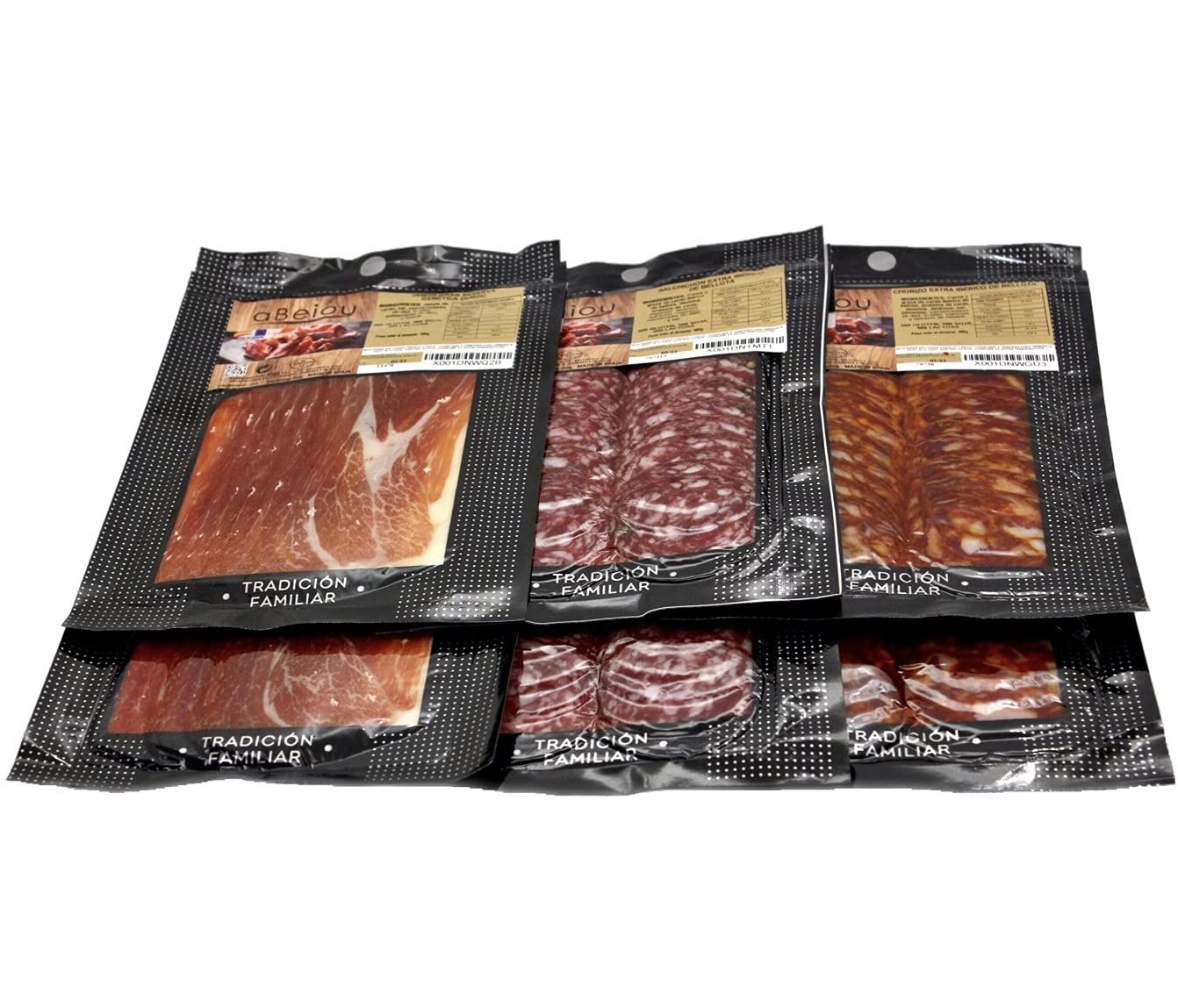 Lote Surtido Gourmet Gran Reserva Duroc + Ibérico Bellota 600 g — 6 Sobres — Jamón Duroc + Chorizo + Salchichón Ibérico Bellota — Cert. Hycer Guijuelo — aBeiou