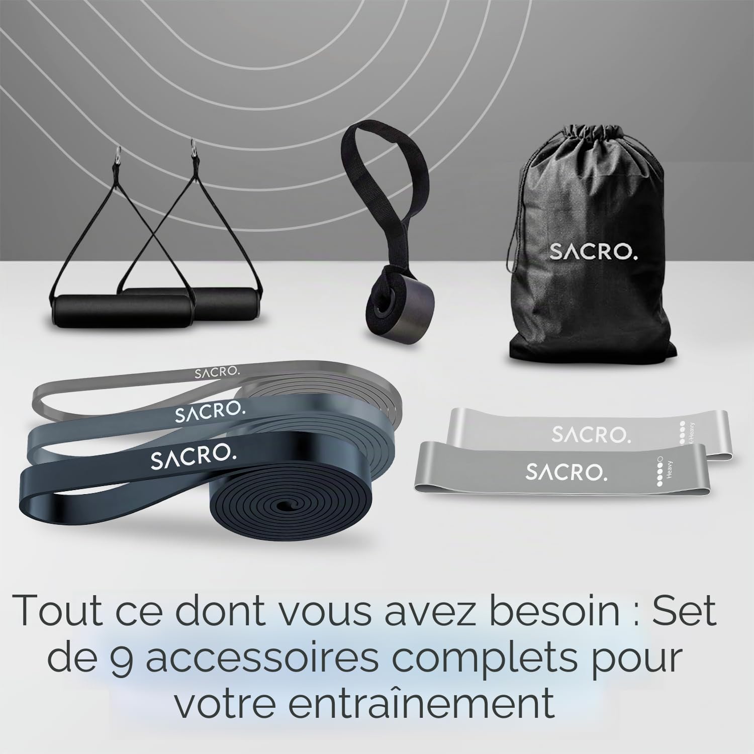SACRO. Bande Elastique Musculation avec 5 Niveaux – 3 Bandes de Résistance Haut du Corps + 2 Bandes Fessiers Jambes – Poignées, Ancrage Porte et Sac – TPE