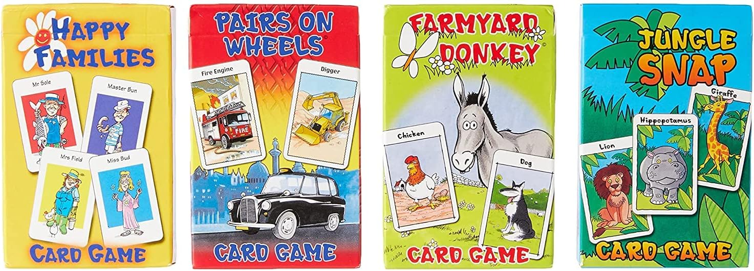 Cartamundi 4 x Kids Card Games-Farmyard Donkey, Happy, Jungle Snap & Pairs On Wheels, Family Friendly, Age Four+, Multicolour