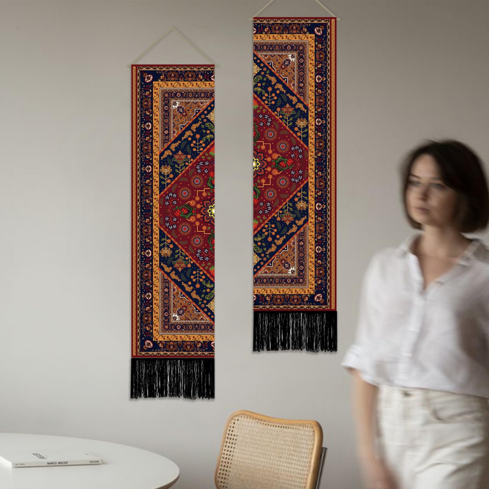 SUPERDANT Set di 2 arazzi verticali, 130 x 33 cm, stile bohémien, da appendere alla parete, stile retrò, stretti, per soggiorno, camera da letto, portico, grotta degli uomini, colorati