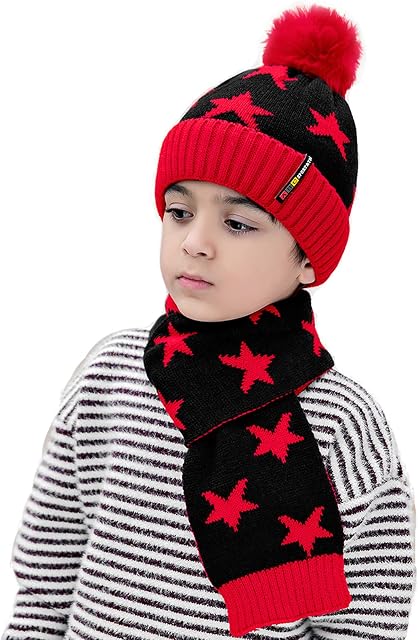 TAGVO Winter Kids Knit Beanie Hat Scarf Set, Elastic Warm Beanie Cap with Thick Fleece Lining & Warm Neck Warmer Set, Winter Thermal Soft Accessories for Kid Children Girls Boys, Aged 3-8
