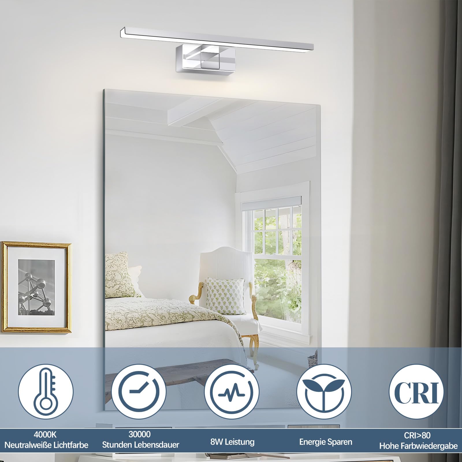 Spiegelleuchte Bad Led Spiegellampe - 12W Wandlampe Badezimmer Lampe | Neutralweiße Lichtfarbe 4000K Spiegel Wandleuchte 60cm Modern Chrom Badlampe Spiegelschrank Beleuchtung