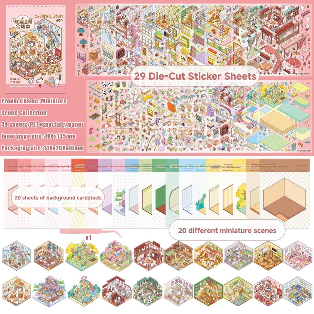 HYMBCFW Scene Sticker Book,20 Sets DIY 3D House Sticker Scene Kit,3D Creative Stickers Therapy to Relieve Stress,Creative Fun Reusable Set including Tweezers for Age 3+,Gift for Adults Kids Girls Boys - Image 2