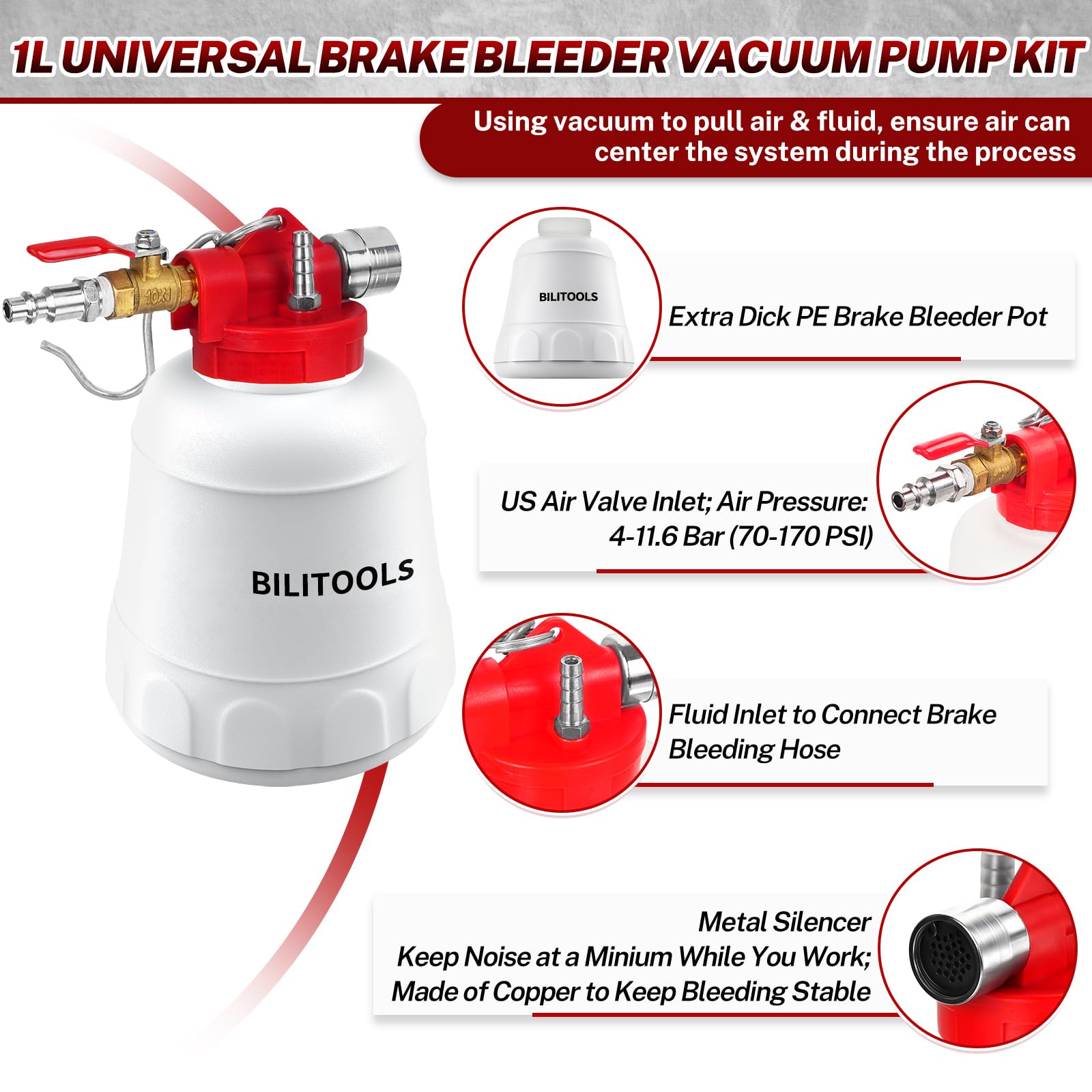 BILITOOLS Kit universal de purga de frenos de 1 litro, herramienta de purga de líquido de frenos al vacío | Kit de extractor de líquido de embrague para una sola persona, rápido, limpio y eficiente