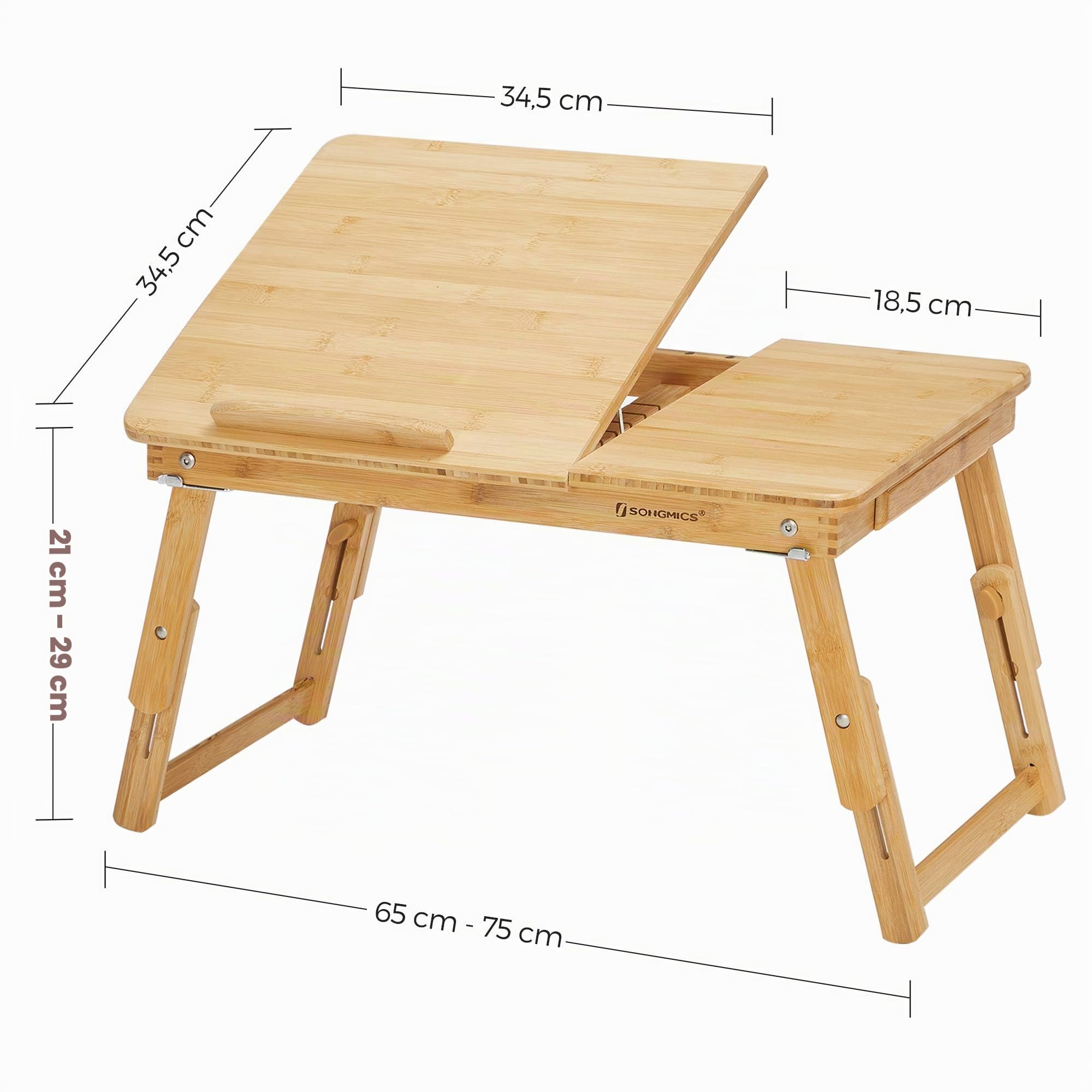 SONGMICS Tavolino in Bambù, Vassoio da Letto per Laptop, Colazione, Inclinabile a 5 Angoli, Piccolo Cassetto, Naturale LLD01N