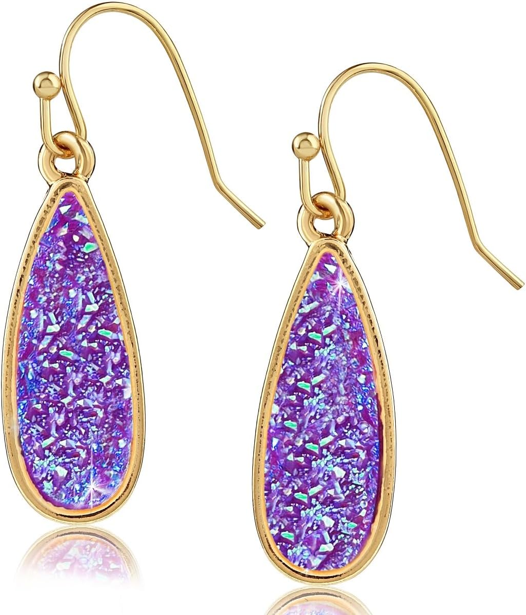 Teardrop Dangle Earrings for Women with Simulated Druzy Stones, in Gold, Rose Gold, or Silver Tone