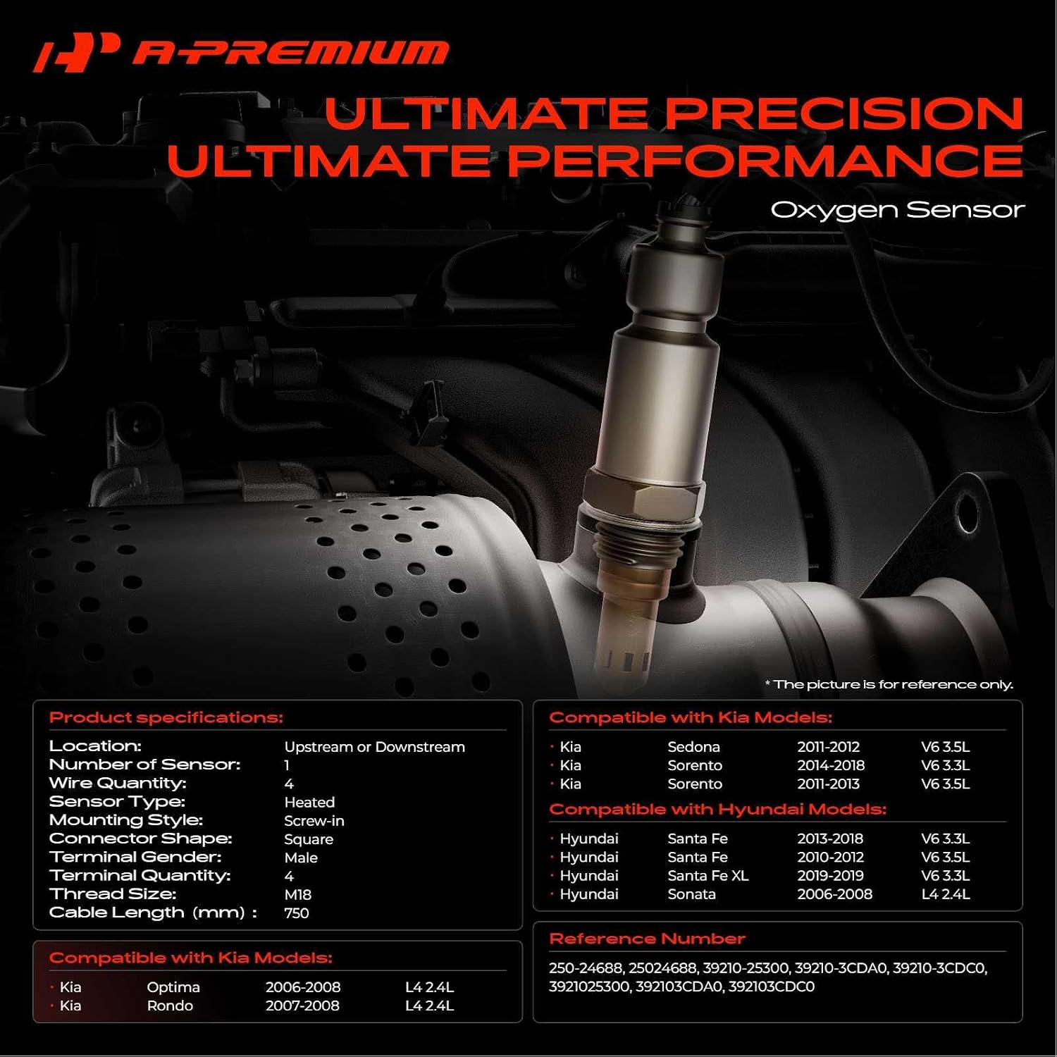 A-Premium O2 Oxygen Sensor Compatible with Hyundai Santa Fe 2010-2018, Sonata 2006-2008, Santa Fe XL 2019 & Kia Optima 2006-2008, Sorento 2011-2018, Sedona 2011-2012, Replace# 39210-3CDA0, 39210-3CDC0